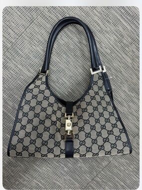 Gucci Blue GG Canvas Shoulder Bag with Leather Trim